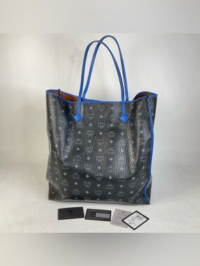 MCM Metallic Visetos Large Kira Shopper Tote Black Blue